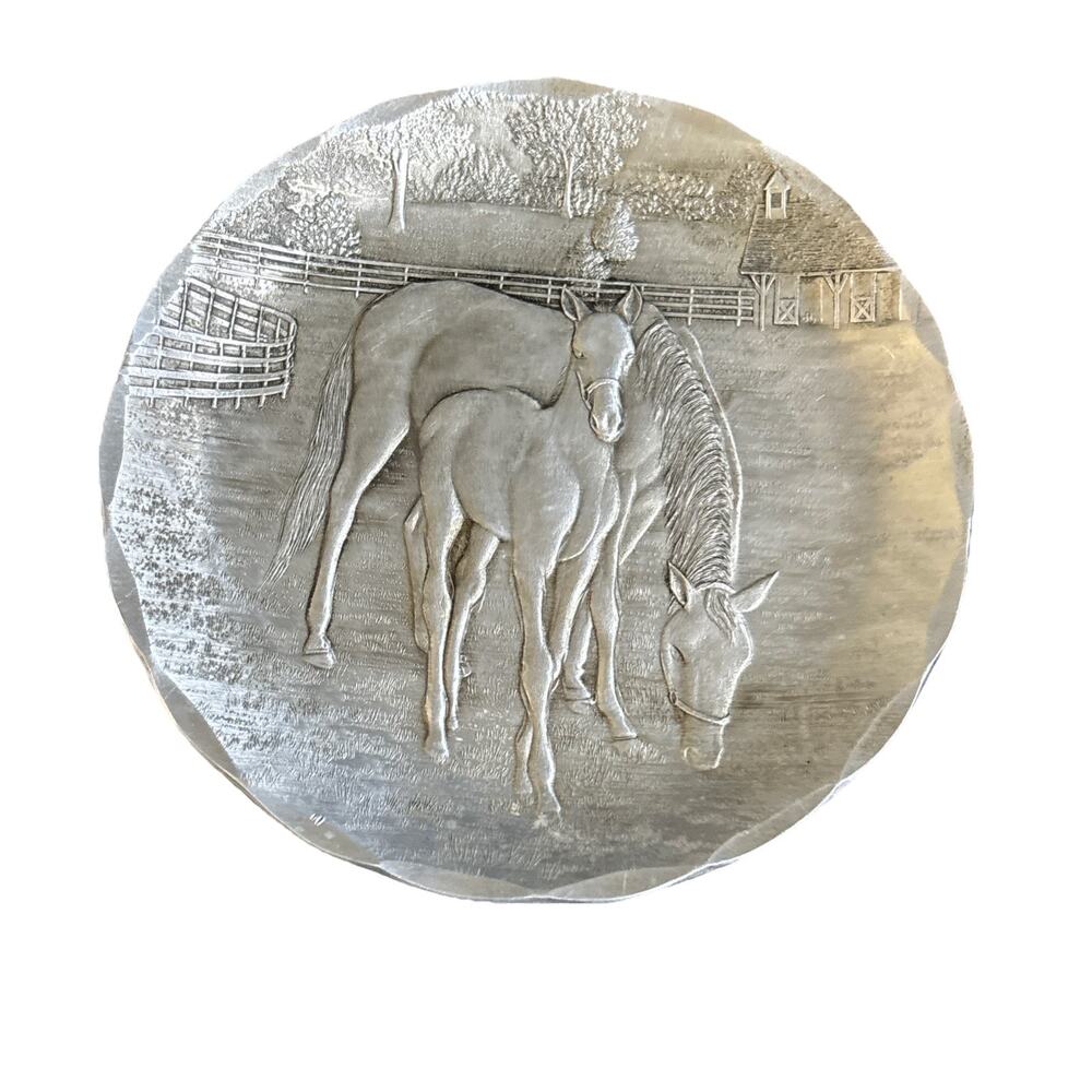 Wendell August Forge Stables Horses Scene Coaster Plate Aluminum 4.5”